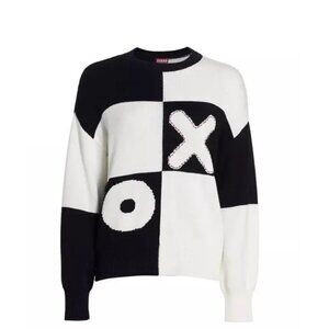 PREOWNED $385 STAUD BLACK & WHITE TIC TAC TOE WOOL BLEND CREWNECK SWEATER SZ MED